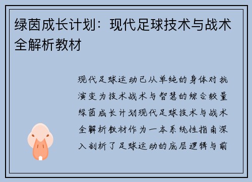 绿茵成长计划：现代足球技术与战术全解析教材